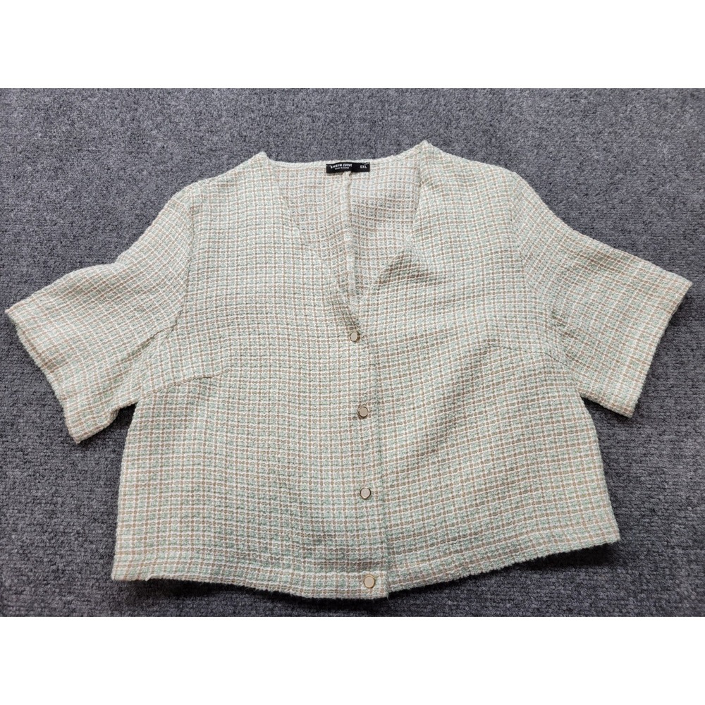 Shein Curve Mint Green Tweed Boucle Button Front Cropped Top 0XL Plus Size
